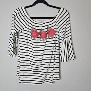 West Kei Red Black White Floral 1/2 Bell Sleeves Tunic Shirt Blouse Size L Large